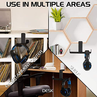 ENHANCE PC Gaming Dual Headphone Stand - Clip-On Desk Headphone Holder with Adjustable 360 Rotation, Under Desk Headset Holder, Universal Fit, & Double Cable Loops Organizer with Silicone Pads