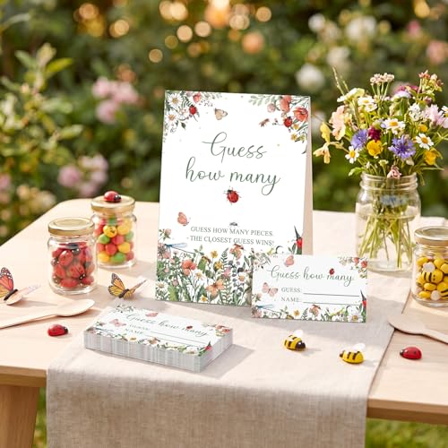 Ladybug Garden Guess How Many Baby Shower Game Pack of 1 Tabletop Sign with Stand and 50 How Many Cards, Wildflower Insect Themed Party Game Decorations - style: Ladybug Garden