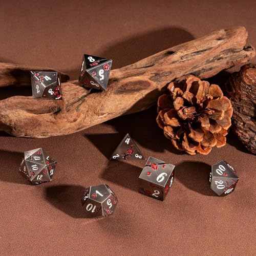 UDIXI Metal DND Dice Set Nickel, 7PCS Metal Polyhedral Dice Set for D&D RPG | Red Flower, Metal Case Packaging, Heavy Metal Dice, D&D Gift, for Dungeons and Dragons Role Playing Games Tabletop Games - color: Flower/Nicklewhite