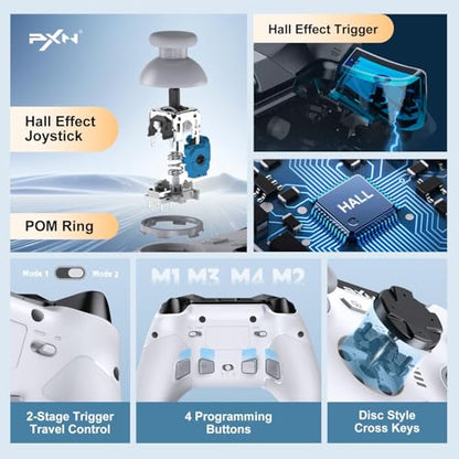 PXN P5 Wireless Gaming Controller - Hall Joystick, Hall Trigger, 6-Axis Motion, 4 Back Buttons, Compatible with PC, Switch/Switch2, iOS, Android - color: White