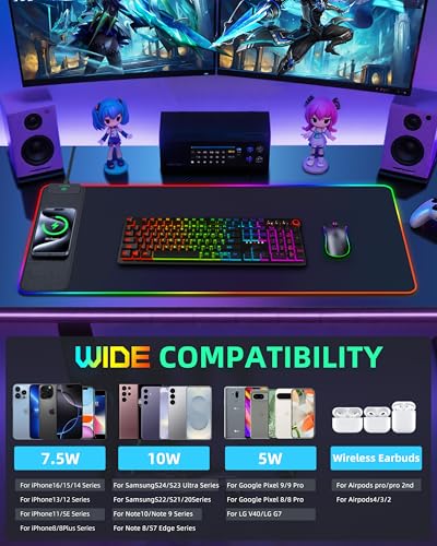 RGB Gaming Mouse Pad with 15W Magnetic Wireless Charging, 31.5"x15.7" | Large Desk Mat, 15 Lighting Mode, Ultra-Smooth Surface, Non-Slip Mousepad, Waterproof Computer Keyboard Pad for Gamer, Black - color: Rgb - 31.5"x15.7" (Magnetic Charging)