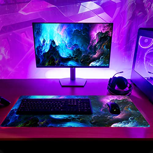 Dazzling Galaxy Gaming Mouse Pad 31.5x11.8 Inch Blue Purple Galaxy Nebula Universe Space Large Mousepad Non-Slip Rubber Base Stitched Edges Keyboard Mouse Mat Desk Pad for Office Home and Game - color: Galaxy