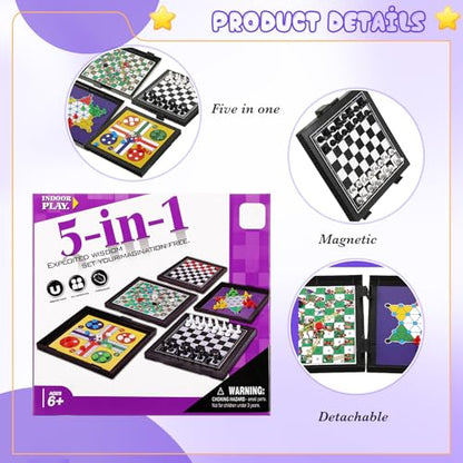 5 in 1 Magnetic Checkers Board Game Set, Travel Chess for Adults Teens | Magnetic Pieces Stay in Place, Compact Folding Board, Camping Trip Game, 5 Classic Games