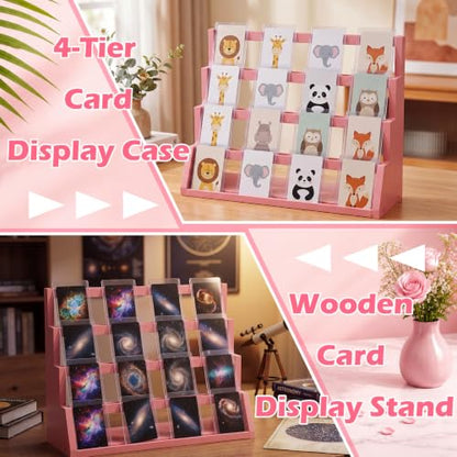 Junkin 4-Tier Pink Wooden Greeting Card Display Stand, Trading Cards Display Cases Tabletop for Idol Game Sports Collection Showcase, Ideal Gift for Card Collectors