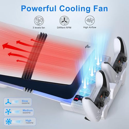 STARTRC GAMES Cooling Station for PS5 Slim/Pro Horizontal Cooling Stand with Controller Charging Station for PlayStation 5 Slim/Pro Console Accessories Kit with 3 Level Cooler Fan (NOT Fit 2020 PS5)