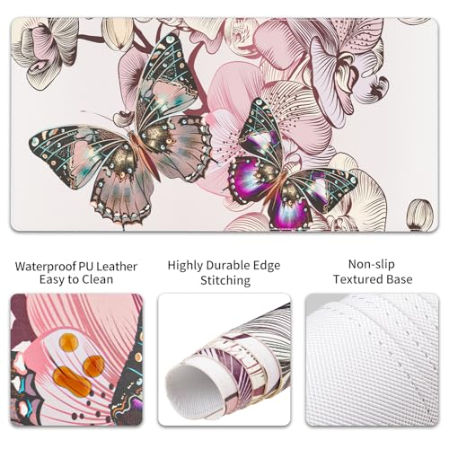 QIYI PU Leather Desk Mat Set, 4-in-1 Ergonomic Wrist Rest, Butterflies | Waterproof Large Mouse Pad 31.5×15.7 + Keyboard Wrist Rest + Mouse Wrist Support+Coaster, Non-Slip Office Gaming Accessories - color: Floral Butterflies