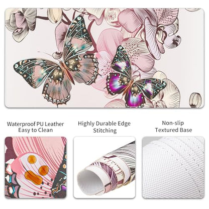 QIYI PU Leather Desk Mat Set, 4-in-1 Ergonomic Wrist Rest, Butterflies | Waterproof Large Mouse Pad 31.5×15.7 + Keyboard Wrist Rest + Mouse Wrist Support+Coaster, Non-Slip Office Gaming Accessories - color: Floral Butterflies