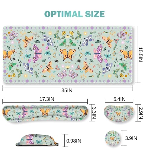 ARTSO Desk Mat Set, Aquamarine Extended Gaming Mouse Pad with Wrist Rest Support +Keyboard Wrist Rest +Coaster, Large Cute Butterfly Mousepad for Office, Home - color: Aquamarine Butterfly