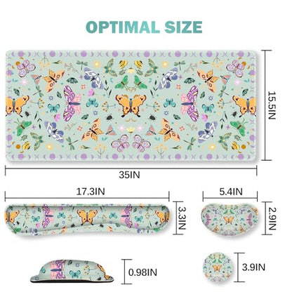 ARTSO Desk Mat Set, Aquamarine Extended Gaming Mouse Pad with Wrist Rest Support +Keyboard Wrist Rest +Coaster, Large Cute Butterfly Mousepad for Office, Home - color: Aquamarine Butterfly