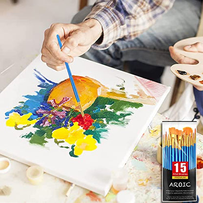 AROIC Acrylic Paint Brush Set, 15 pcs Nylon Hair Paint Brushes | All Purpose Oil Watercolor Face Body Rock Painting Artist, Small Painting Brush Kits for Kids Adult Drawing - size: 15pcs