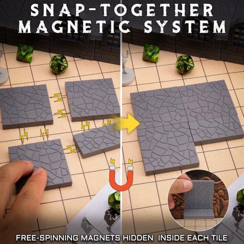 CZYY Magnetic Dungeon Tiles, 58 PCS Modular Terrain Set for RPGs, Basic Set | Double-Sided Texture, Paintable Gray Plastic, Quick Build 3D Battle Maps, Fits 25-32 mm Miniatures, Gift for DM & RPG Player