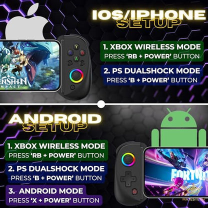 MAJESTECH NEW D8 Mobile Gaming Controller for iPhone/Android/iPad/Tablet, Play Xbox Cloud, Playstation Remote Play, Steam/PC, Switch! RGB Hall Joystick/Trigger Wireless Bluetooth Phone Game Controller