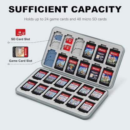 FYY Nintendo Switch Game Case Holder for Switch 2 Cartridge, Grey | 24 Game Card Slots & 48 Micro SD Card Slots, Hard Shell, Silicone Lining - color: B-Grey
