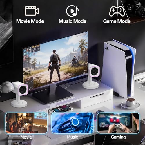 Sanyun SW202 24W 2.0 Computer Speakers, DSP-Enhanced Clear Stereo, 3 Modes | Game/Movie/Music Modes, 16bit DAC, USB/Bluetooth 5.2/AUX, 2.25" Full-Range Drivers, RGB Lighting, Compact Design(Pair, White) - color: SW202 White