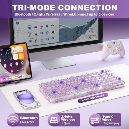 YUNZII X98 Wireless Mechanical Keyboard with Knob (Purple, Crystal Switch) | BT5.0/USB-C/2.4GHz,1800 Layout with Number Pad,Pre-lubed Switches Gasket Mount ,Clear Keyboard with RGB for Wins/Mac/Gaming - color: Purple, size: Crystal Switch