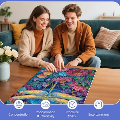 Moonlit Dragonfly in Flower Garden 500 Piece Jigsaw Puzzle, Relaxing Game | Fun and challenging for family time, relaxing gift for adults and seniors, 20.5 x 15 in - style: Dragonfly