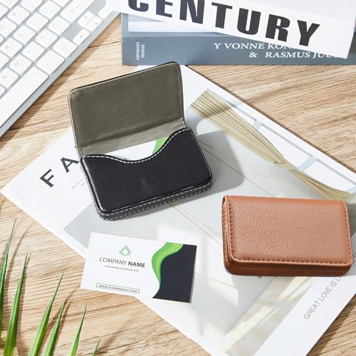 Outus 2 Pcs Business Card Holder, PU Leather Business Card Case Pocket Wallet with Magnetic Shut for Valentines Gift Adult(Black, Apricot) - color: Black, Apricot