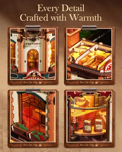 ROBOTIME Moving Coffee Factory 3D Wooden Puzzle for Adults — Mechanical Building Kit with Music Box & Warm LED Lights, 593PCS No-Glue Book Nook Kit, Miniature House Kit Desk Decor, Unique Gift