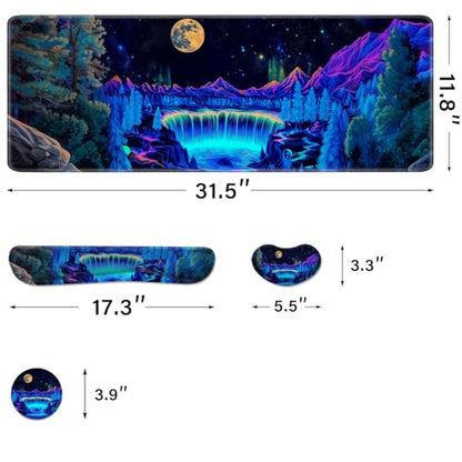Desk Pad and Keyboard Wrist Rest, Large Mouse Pad + Keyboard Pad+Mouse Wrist Support, Non-Slip Desk Mat Protector for Office, Home 31.5×11.8 Inches Waterfall - color: Waterfall