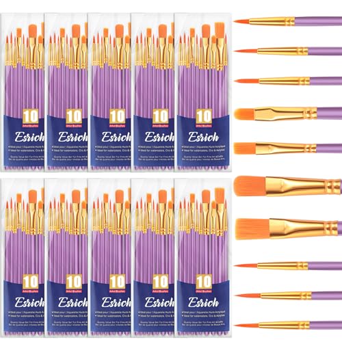 ESRICH Acrylic Paint Brushes Set, 10 Packs/ 100 Pcs Watercolor Brushes,Nylon Brush Head, for Oil Painting, Gouache, Face,Ceramics etc, Kid's and Adults Painting Arts and Crafts Paint Sets. - color: Purple, size: 100