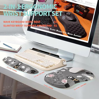 2-in-1 Ergonomic Set, Wave Rise Keyboard Wrist Rest and Massage Bulge Slope Mouse Pad Wrist Support, Cushion Memory Foam Integrated to Relieve Wrist Pain, Cute Cat Paws - color: Cute Cat Paws