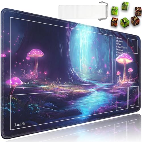 for MTG Playmat with Zones, for TCG Playmat and Board Game Mat with Storage Bag and 6 Dice, 24x14in Non-Slip for MTG Mat, Enchanted Forest Glowing Mushrooms Magic Trading Card Mat Mousepad - color: Jv-playmat-p7-2k-d112