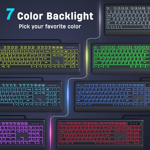 KOPJIPPOM Backlit Wired Keyboard, USB Lighted Computer Keyboards with 7 Colors Backlight, Full Size Silent Keyboard with Media Hotkey for Windows Desktop, PC, Laptop (Black, M)
