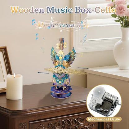 3D Wooden Puzzles for Adults, Mechanical Cello Music Box Kit with Base, DIY Wooden Model Kits to Build, Birthday Valentine's Day Gifts for Women Men, Music Box Puzzle Lover - color: Blue Feather Cello