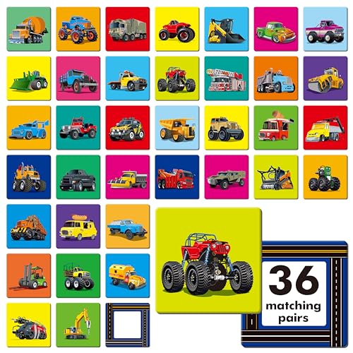 Hebayy Truck Matching Game, 72 PCS Traffic Memory Matching Cards for Toddlers 36 Pairs Transportation Memory Cards Educational Toys for Preschool Boys & Girls 4 5 6 Years Old - style: Truck