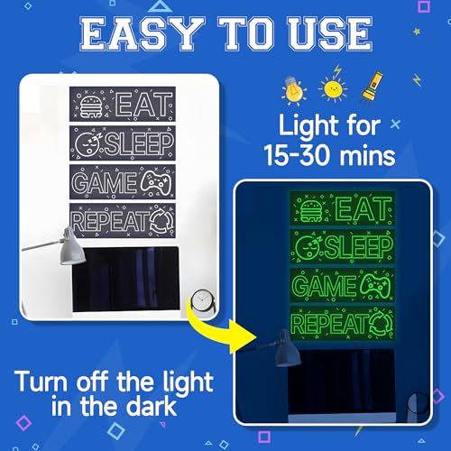 4 Pcs Glow in The Dark Neon Game Wall Stickers, Boys Gamer Room Wall Decals, EAT Sleep Game Repeat Gaming Wall Art Sticker, Kids Bedroom PlayRoom Nursery Party Decoration (Green) - color: Luminescent-043wscp-green