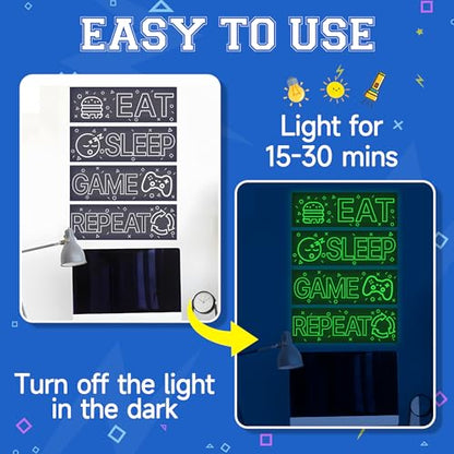4 Pcs Glow in The Dark Neon Game Wall Stickers, Boys Gamer Room Wall Decals, EAT Sleep Game Repeat Gaming Wall Art Sticker, Kids Bedroom PlayRoom Nursery Party Decoration (Green) - color: Luminescent-043wscp-green