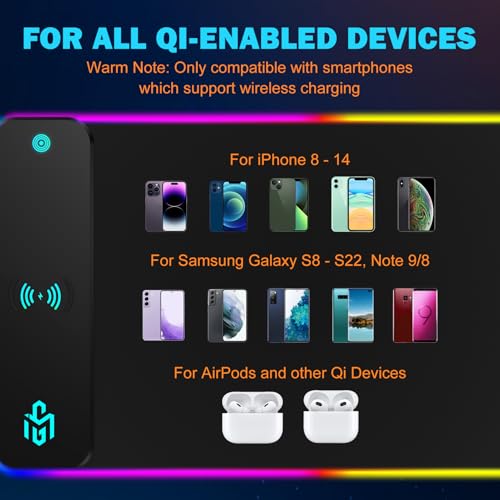 Mouse Pad Gaming Wireless Charging, 800x300x4mm, Black | Supports wireless charging for smartphones and earbuds, features 10 RGB lighting modes. Dimensions: 31.5" L × 11.8" W. - color: Black