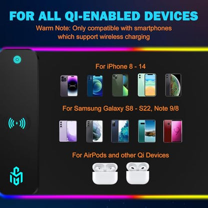 Mouse Pad Gaming Wireless Charging, 800x300x4mm, Black | Supports wireless charging for smartphones and earbuds, features 10 RGB lighting modes. Dimensions: 31.5" L × 11.8" W. - color: Black