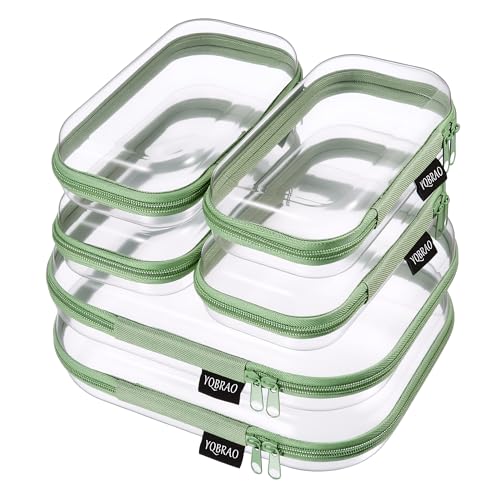 YQBRAO Clear Hard Shell Zipper Cases, 6 Travel Organizers, 2M 4S, Green | Rigid clear shells in two practical sizes separate toiletries, skincare, cosmetics, chargers and frequently used accessories - color: Green, size: 6 Pack (2M+4S)