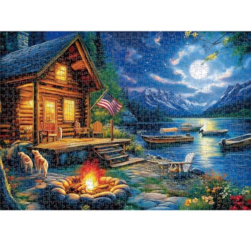 1000 Piece Puzzle for Adults, 20 x 27 inches Jigsaw Puzzles - Moonlit | Tight Piece Fit, 1:1 Reference Poster, Lettered Back, Minimal Puzzle Dust, Vibrant Colors, 2mm Extra-Thick Pieces - color: 1000 Pieces-moonlit Lake Cabin