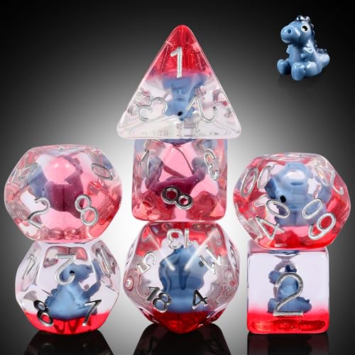 DNDND 7-Piece Baby Dinosaur Themed DND Dice Set - Resin Polyhedral Dice with Sivler Numbers for Dungeons and Dragons Pathfinder (Baby Dinosaur) - color: Baby Dinosaur