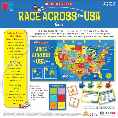 University Games, Scholastic Race Across the USA Board Game , Geography Learning Game for Kids and Families, for 2 to 4 Players Ages 8 and Up