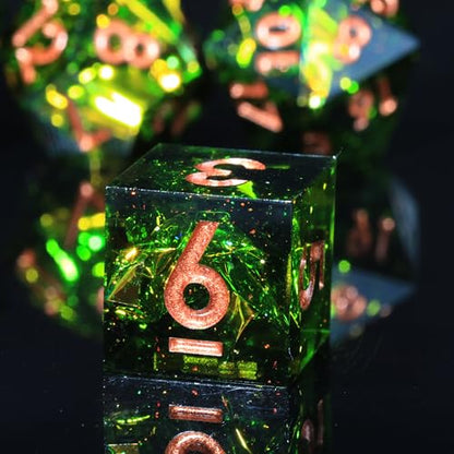 DND Resin Sharp Edge Polyhedral Dice Set,for Dungeons and Dragons RPG MTG Table Games,7 Pcs Handmade Gemstone Dice Set - color: Verdant Gild