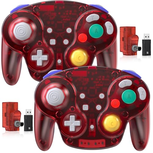 2 Pack Wireless GameCube Controller for Switch 1/2, NGC Console, 2.4 GHz | (Built-in Vibration) (Rechargeable) (Analog Triggers / Stick), Compatible with Switch Online, Windows PC, macOS (Clear Red) - color: Two Pack Clear Red