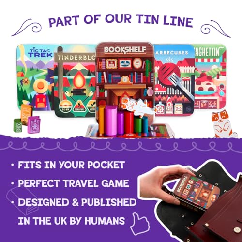 Alley Cat Games Bookshelf, Ages 8+, 2-4 Players | Cooperative Stacking Game, Skill & Balance Card and Book Tower Game in Travel Tin, Cooperative Tabletop Challenge