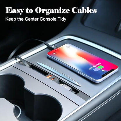 USB Hub Charger for Tesla Model 3 2021-23 & Model Y 2021-24 with Two Cable | Center Console with Two 27W Fast Charging Retractable Cables Phone Charger Docking Station Accessories,Seamless Fit,OEM - color: Model Y 21-24 & Model 3 21-23