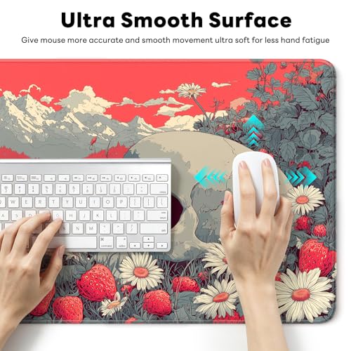 Large Gaming Mouse Pad, XL Desk Protector, Non-Slip Base | 31.5x15.7 in Extended Desk Mat with Stitched Edges for Keyboard, Work, Game, Office, Home PC and Laptop - color: Skull Strawberries