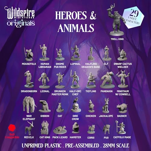 Wildspire Heroes, NPC Animal Companions & Troll King for DND Miniatures Bulk 28mm-32mm Unpainted Paintable Dungeons and Dragons Minis Pathfinder Figures for Fantasy Tabletop Roleplaying Games like D&D
