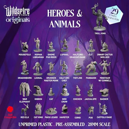 Wildspire Heroes, NPC Animal Companions & Troll King for DND Miniatures Bulk 28mm-32mm Unpainted Paintable Dungeons and Dragons Minis Pathfinder Figures for Fantasy Tabletop Roleplaying Games like D&D