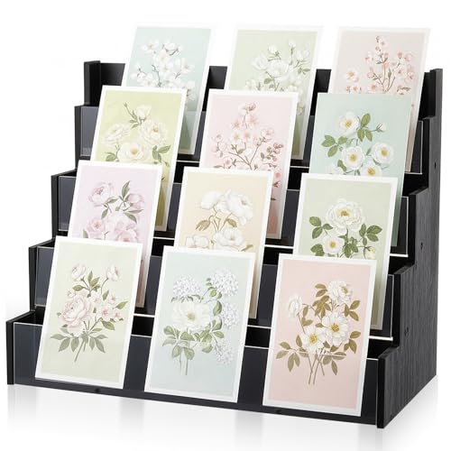 Yuntau 4 Tier Greeting Card Display Stand Black Bamboo and Acrylic Sticker Display Stand Trading Card Holder Retail Photos Shelf for Vendors Craft Collection & Show - color: Black, size: 4 Tier