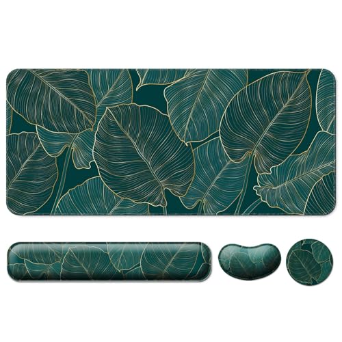 4 in 1 Mouse Pad and Keyboard Wrist Rest,Large Desk Mat,Coaster Set-Leaves | Desk Matt For Desktop Wrist Rest Support XXL Gaming Cute Ergonomic for Computer Laptop Women Office Home Decor - color: B5-green Leaves