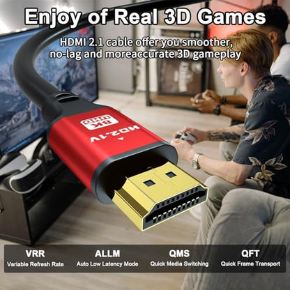 6FT HDMI 2.1 Cable 8K60Hz 4K120Hz, 48Gbps Ultra High Speed HDMI Cable with Gold Plated Connectors, Red Aluminum Housing, for PS5, Xbox Series X, 4K TV, Gaming Monitor, Soundbar, Wall Mount TV. - size: 6FT
