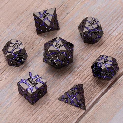 Cracked Rune Metal Dice Set for DND & RPG – Dark Fantasy Fractured Design, Premium Heavy Metal Polyhedral Dice with Deep Engraved Numbers, 7-Piece Set – Purple Arcane Vein - color: Black Nickel Purple