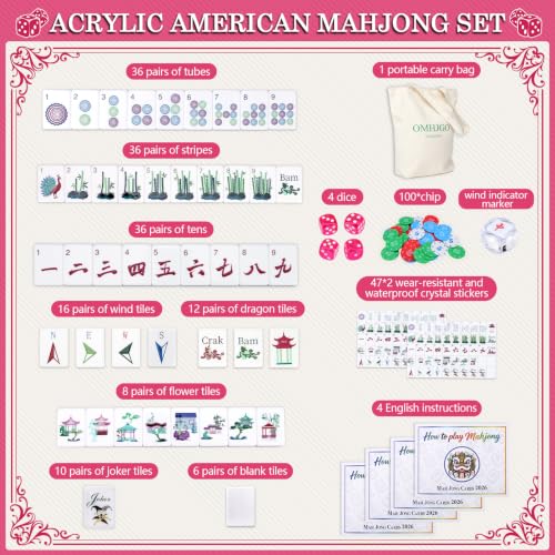 160 Acrylic American Mahjong Tile Set for Mah Jong Lovers | 1.2” Mahjong Set with Carrying Bag and Accessories, 2026 New Premium Rose Red Tiles, 3D Engraved 4 Layer Mahjong Tiles - color: Hot Pink