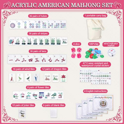 160 Acrylic American Mahjong Tile Set for Mah Jong Lovers | 1.2” Mahjong Set with Carrying Bag and Accessories, 2026 New Premium Rose Red Tiles, 3D Engraved 4 Layer Mahjong Tiles - color: Hot Pink